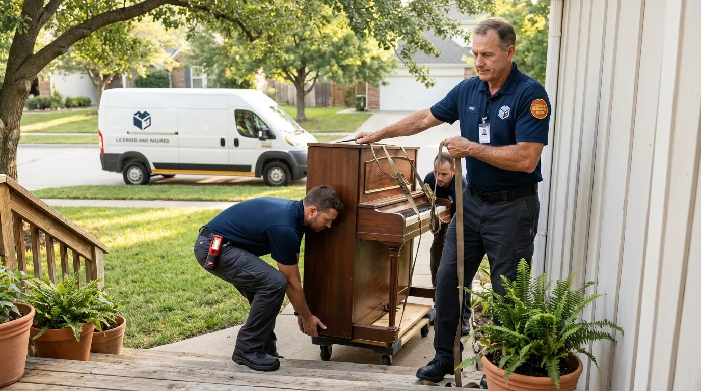 Licensed piano movers securing grand piano in North Aurora, IL