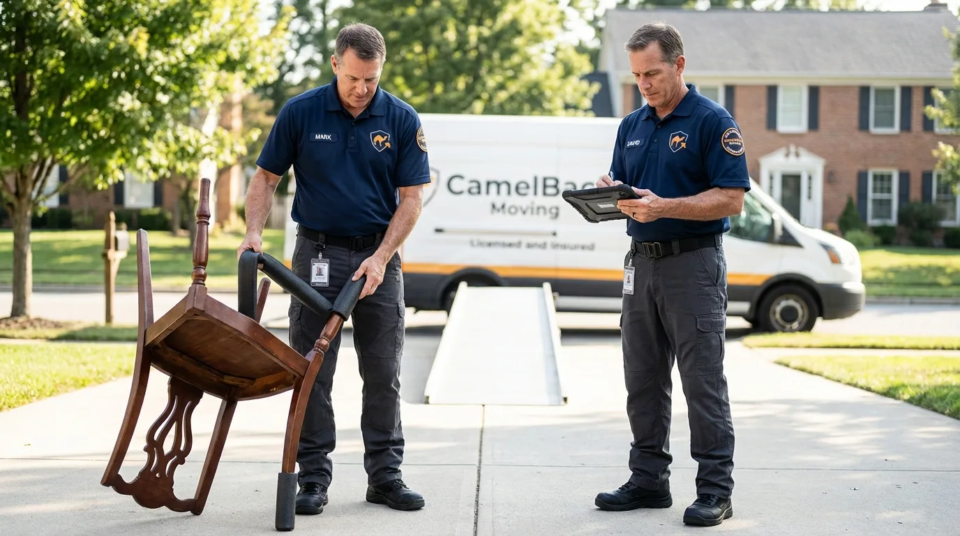 Movers inspecting furniture for damage prevention before loading in North Aurora, IL