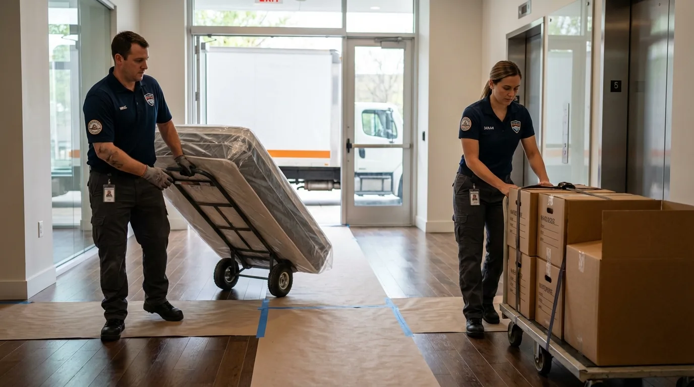 Professional apartment movers loading elevator in North Aurora, IL