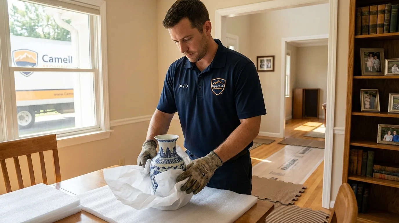 Professional crew carefully wrapping antique vase for senior downsizing move in North Aurora, IL